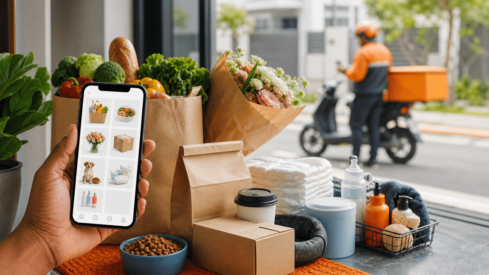 Customer browsing local delivery app categories with groceries, flowers, parcels and delivery rider nearby