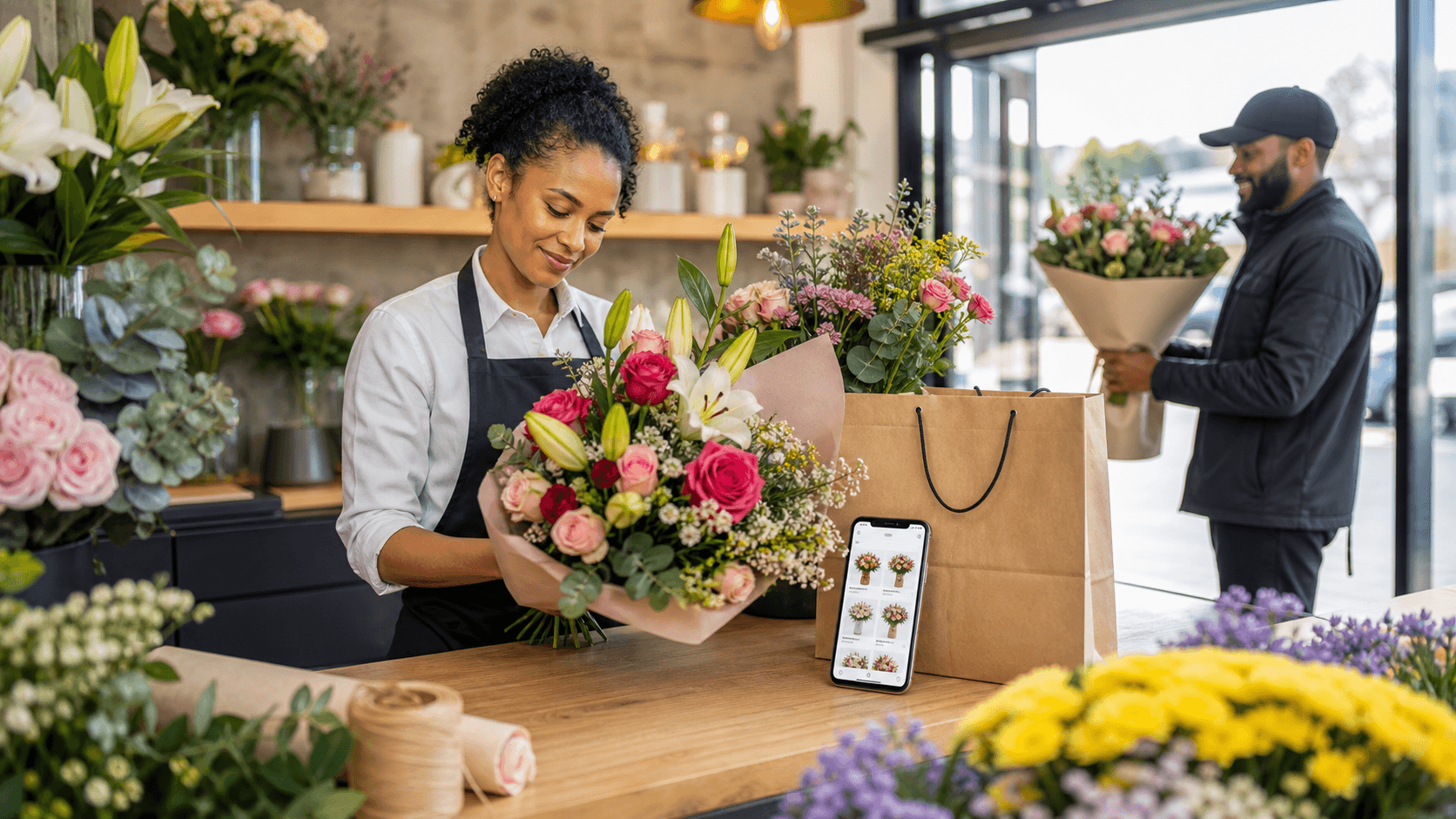 Florist preparing a bouquet with fresh flowers and a local delivery pickup
