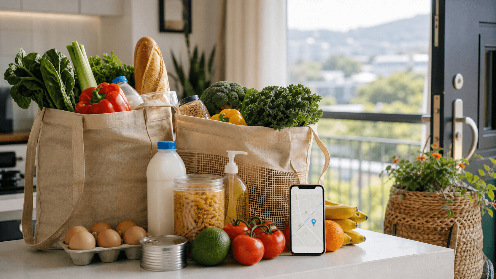 Reusable grocery bags with fresh produce and a phone showing local delivery tracking