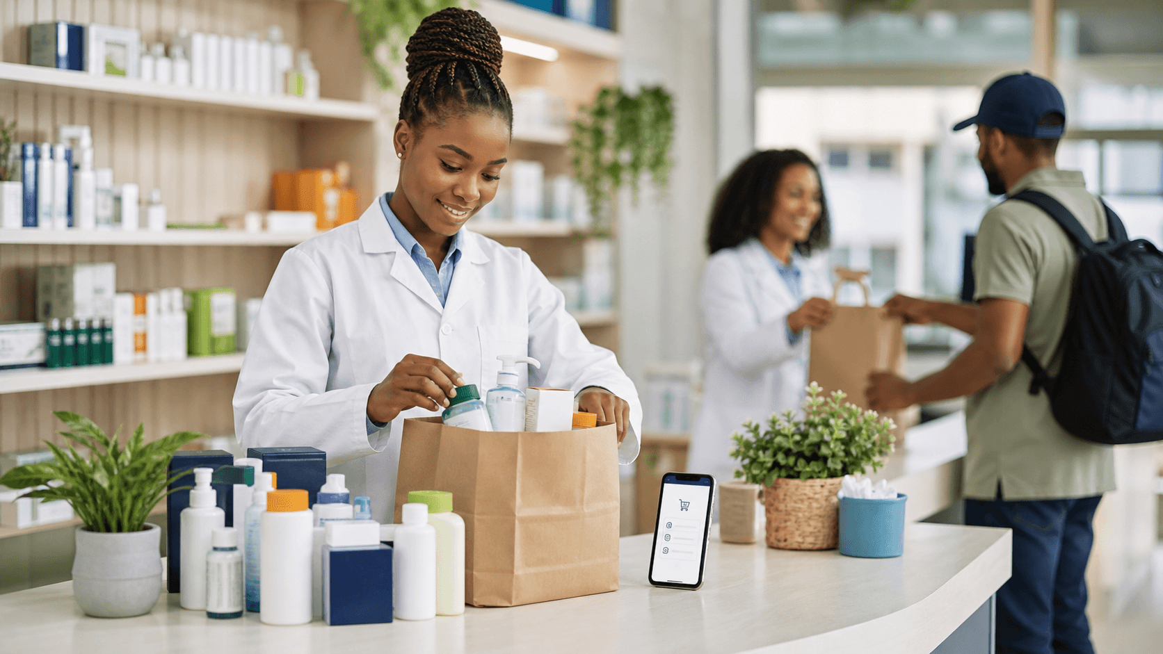 Pharmacist packing general pharmacy essentials for local delivery
